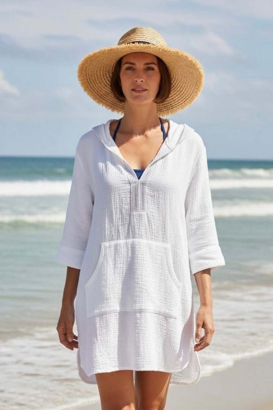 4our Dreamers White Hooded Cotton Gauze Swim Cover-Up Tunic Size XL